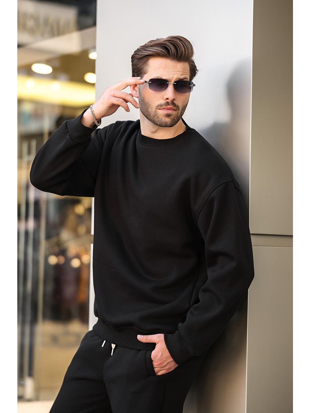 Siyah Bisiklet Yaka Basic Eşofman Takımı E7329-3