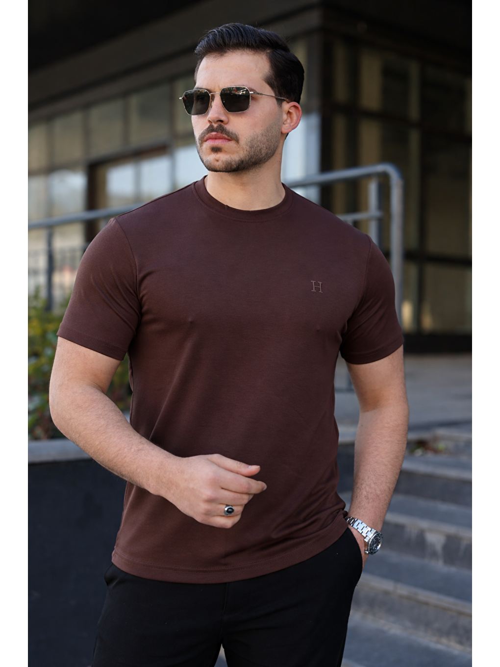Kahverengi Erkek Kısa Kol Yazlık Baskılı Kahve Dar Tişört