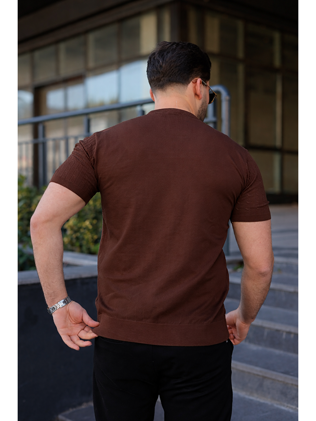 Kahverengi Erkek Premium Çizgili Yazlık Kahve Dar Triko Tişört-2