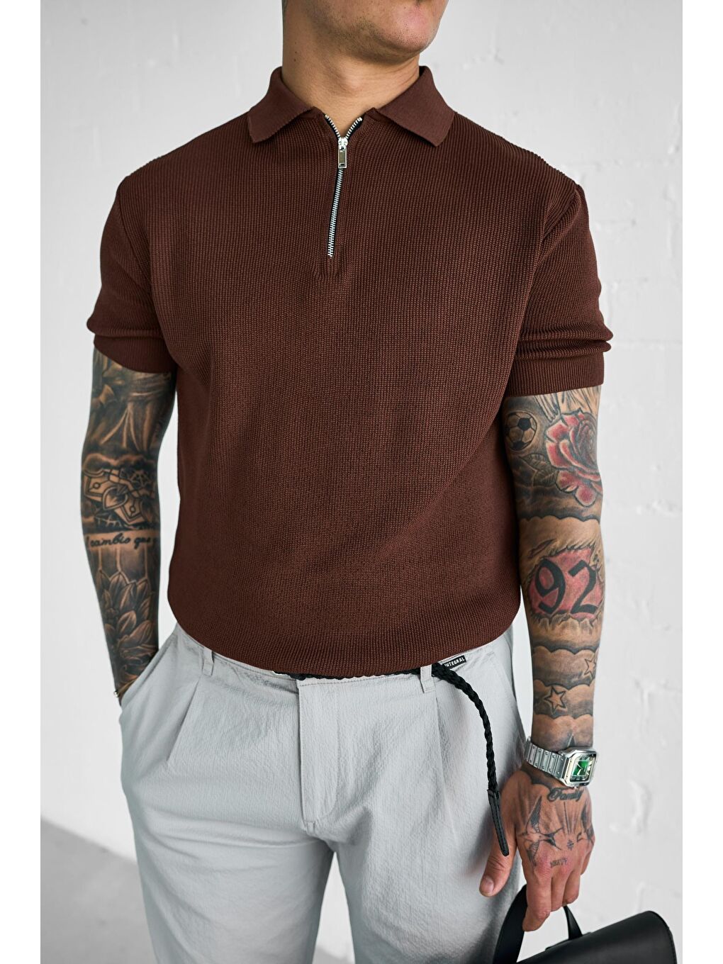 Erkek Yarım Fermuarlı Polo Yaka Triko Tişört Kahverengi