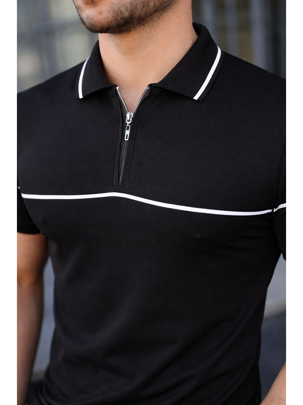 Erkek Günlük Çizgili Fermuarlı Triko Siyah Polo Yaka Tişört-3