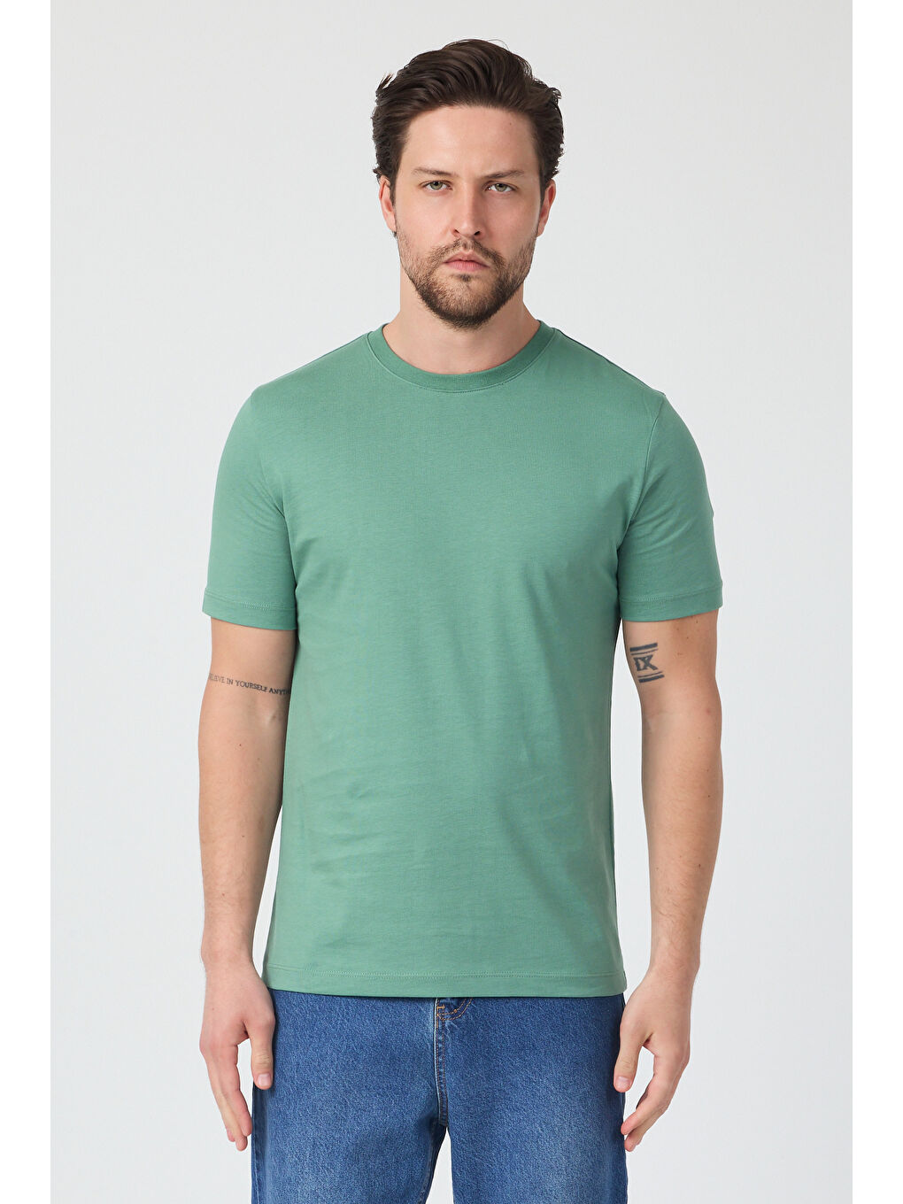 Yeşil Erkek Bisiklet Yaka T-shirt 6212-1