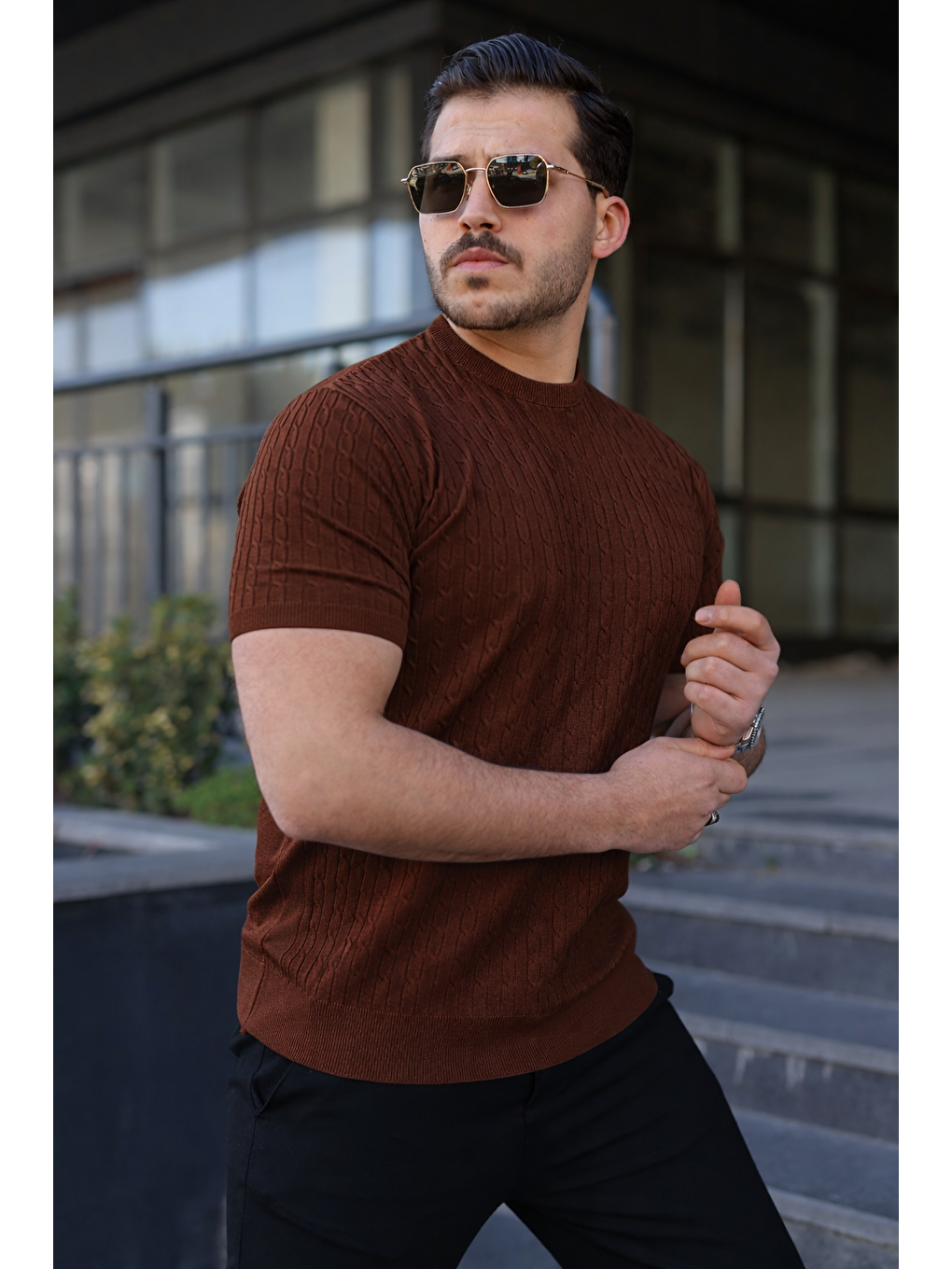 Kahverengi Erkek Premium Çizgili Yazlık Kahve Dar Triko Tişört-3