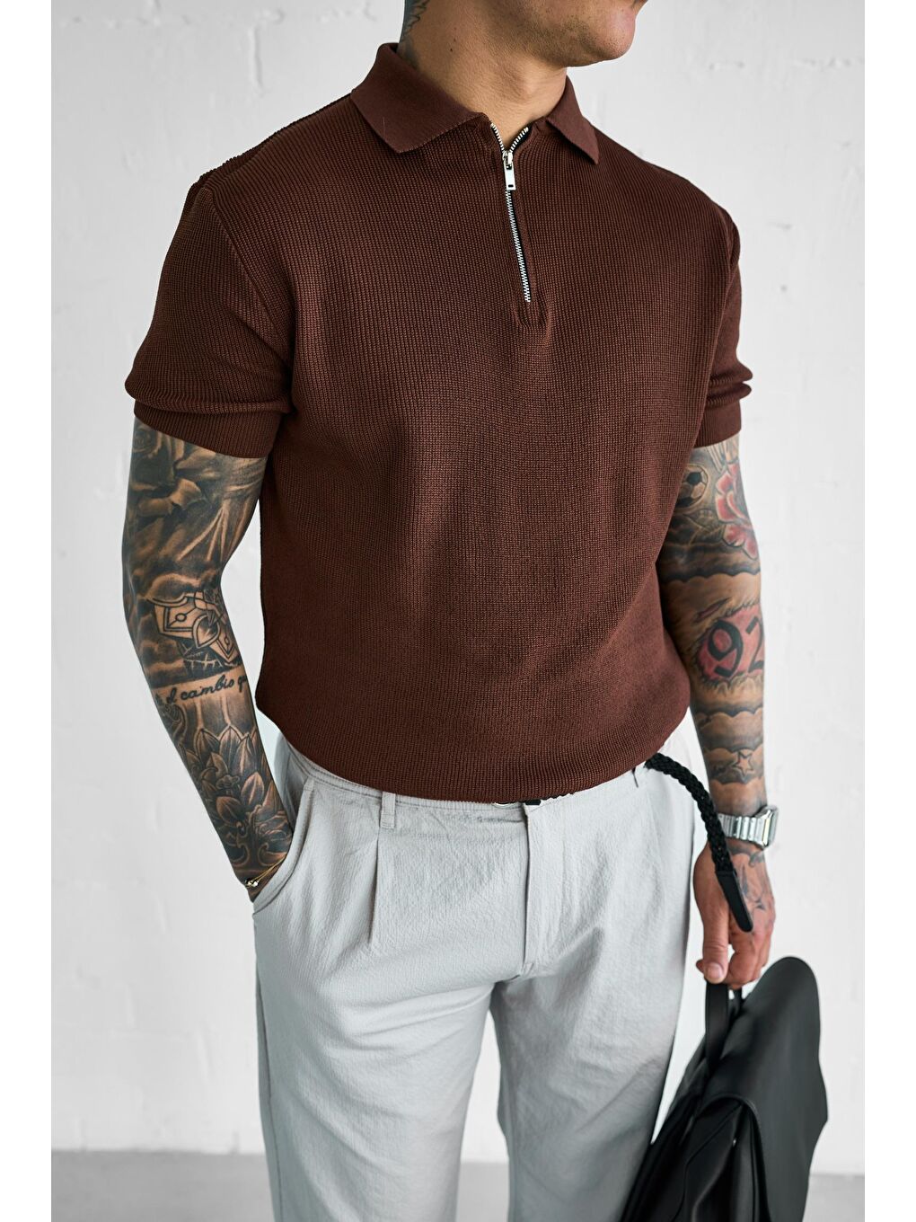Erkek Yarım Fermuarlı Polo Yaka Triko Tişört Kahverengi-1