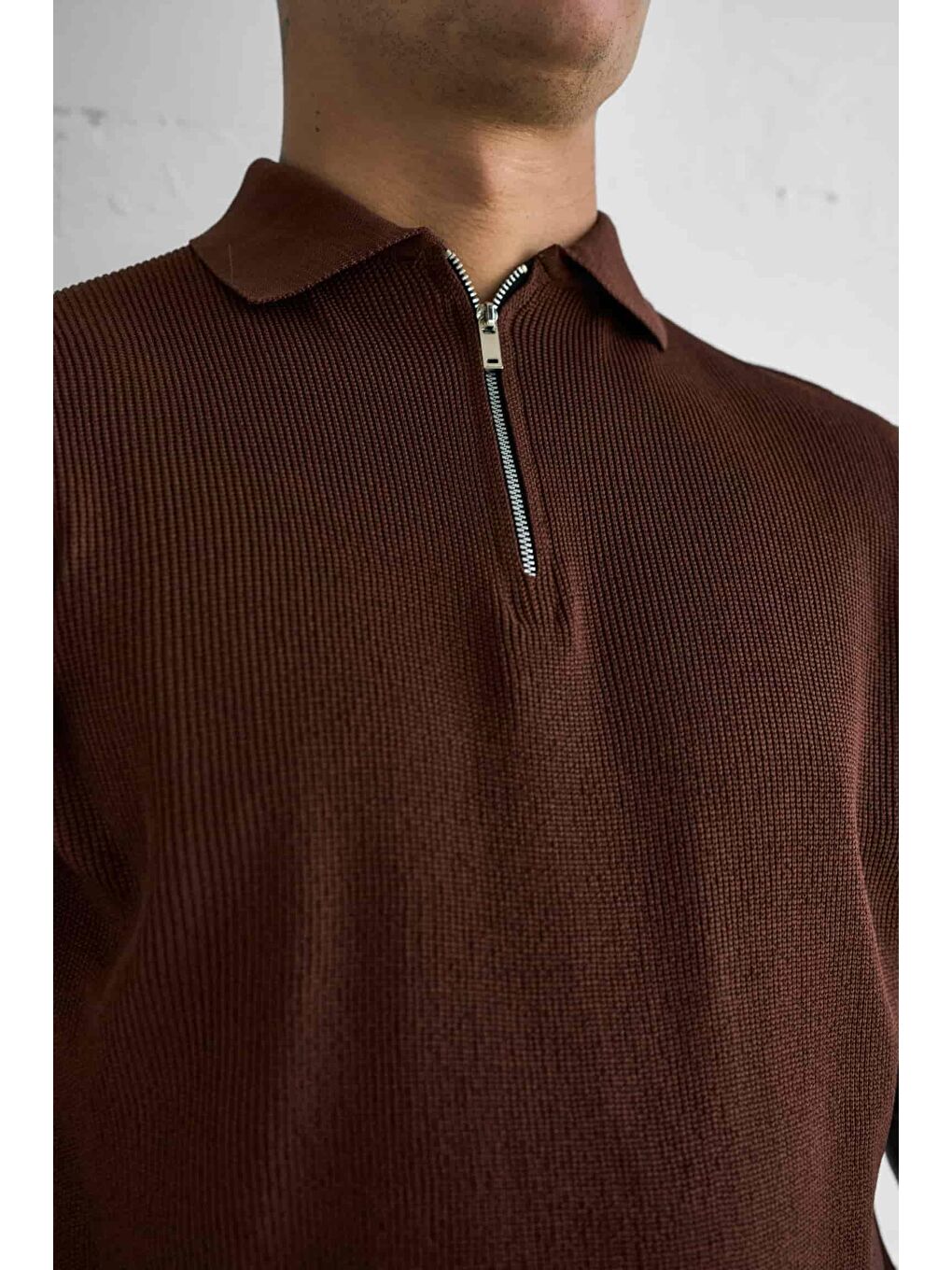 Erkek Yarım Fermuarlı Polo Yaka Triko Tişört Kahverengi-2