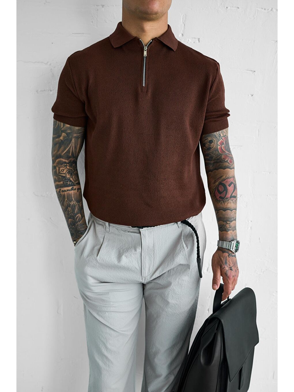 Erkek Yarım Fermuarlı Polo Yaka Triko Tişört Kahverengi-3