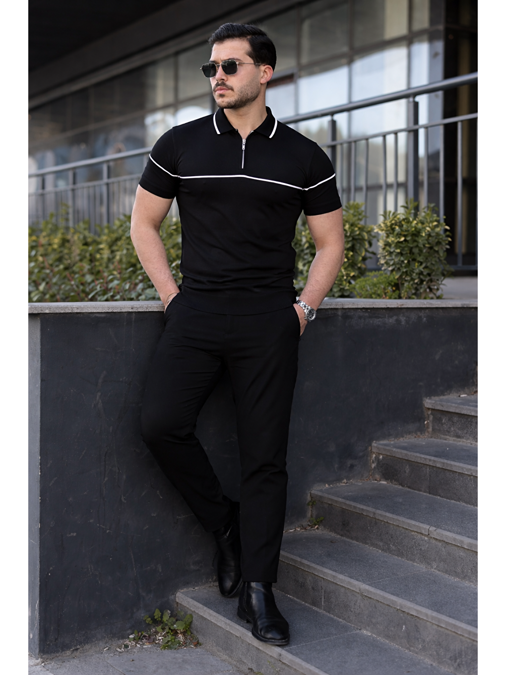 Erkek Günlük Çizgili Fermuarlı Triko Siyah Polo Yaka Tişört-4