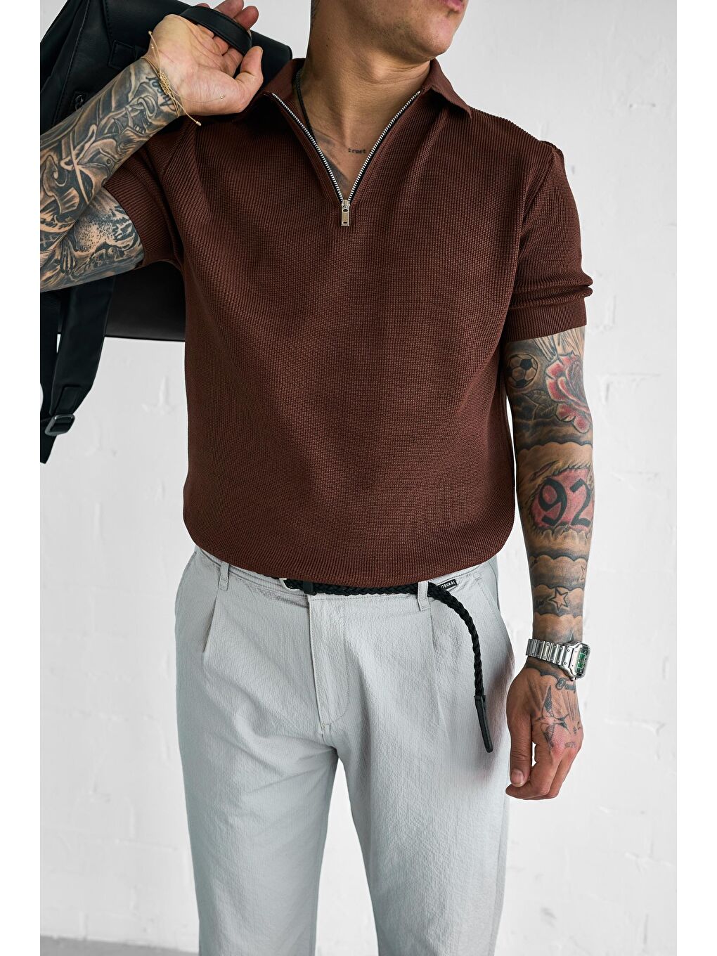 Erkek Yarım Fermuarlı Polo Yaka Triko Tişört Kahverengi-4