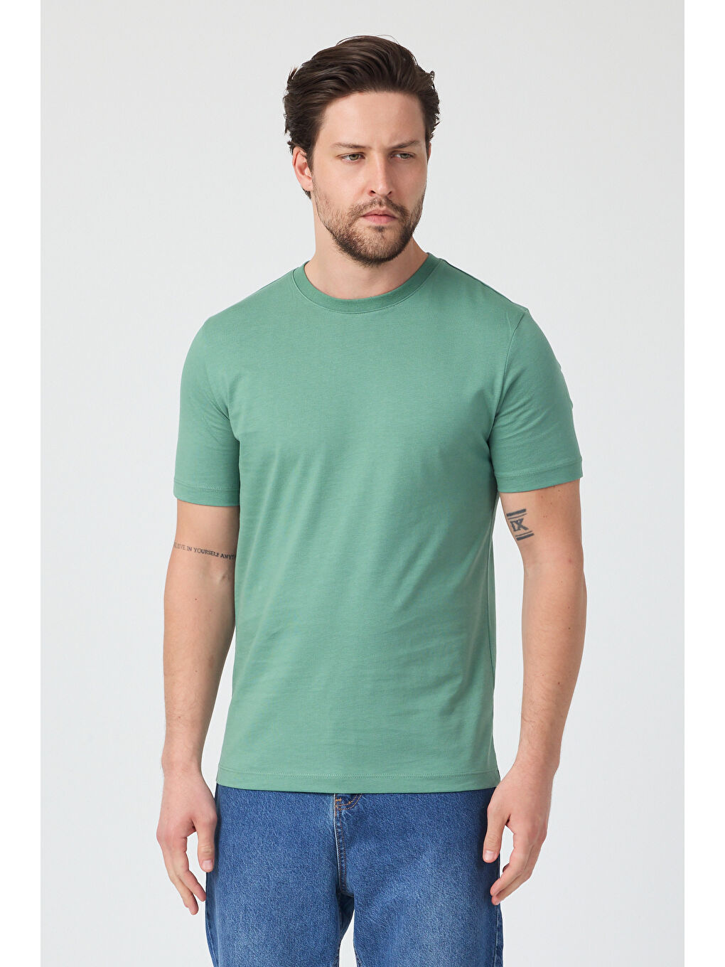 Yeşil Erkek Bisiklet Yaka T-shirt 6212-2