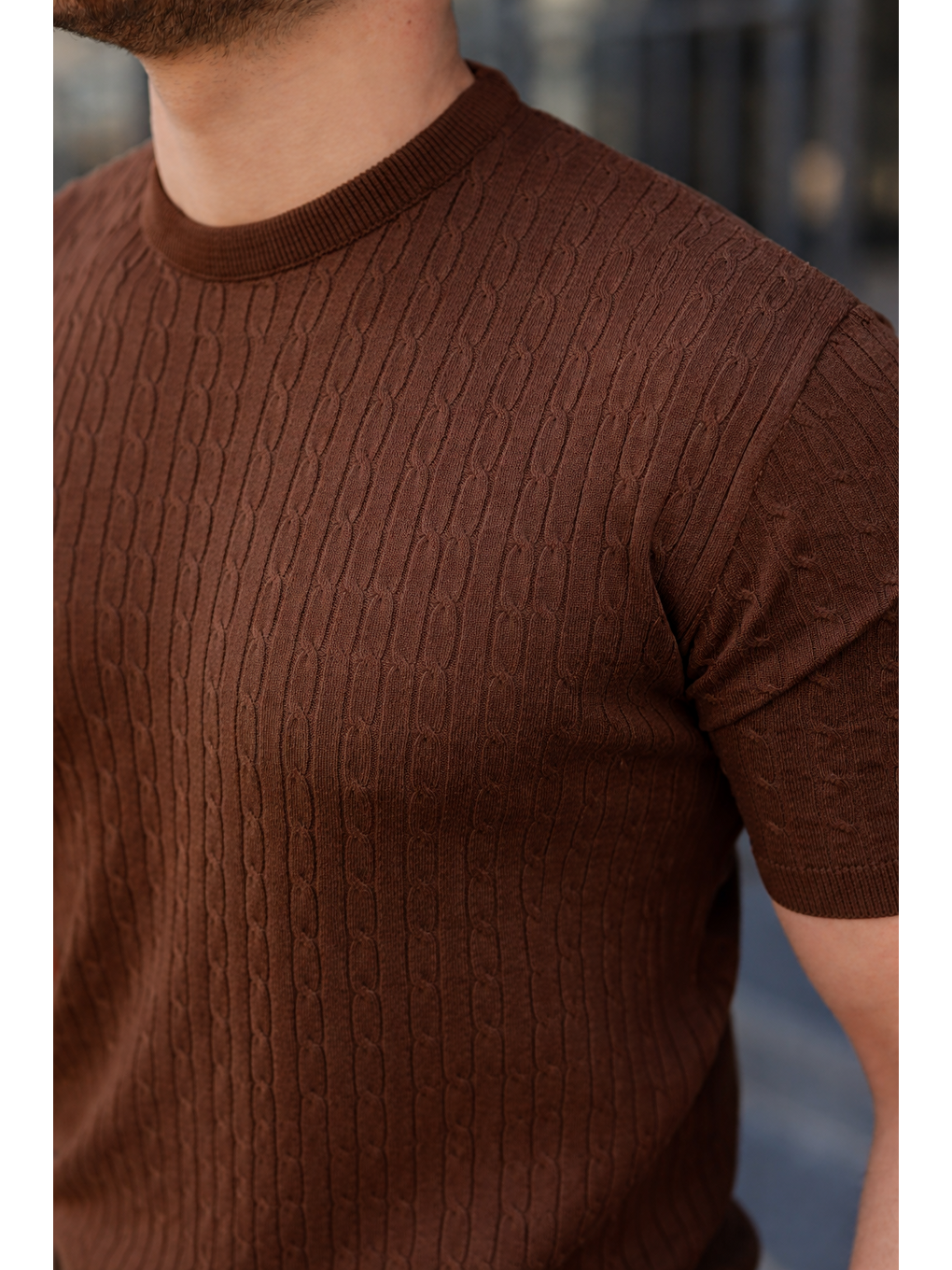 Kahverengi Erkek Premium Çizgili Yazlık Kahve Dar Triko Tişört-4