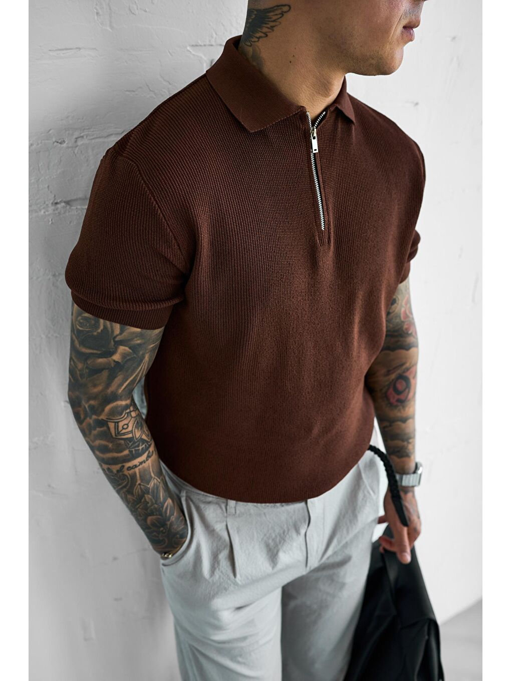 Erkek Yarım Fermuarlı Polo Yaka Triko Tişört Kahverengi-5