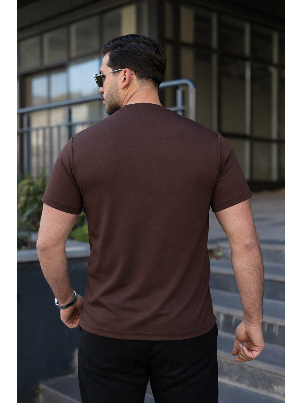 Kahverengi Erkek Kısa Kol Yazlık Baskılı Kahve Dar Tişört-2