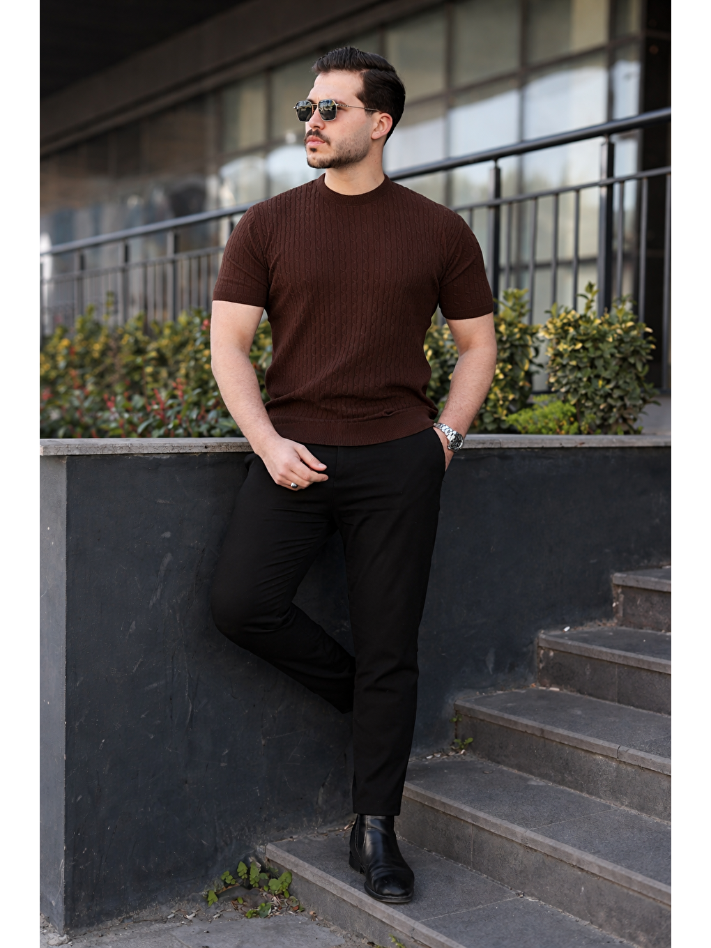 Kahverengi Erkek Premium Çizgili Yazlık Kahve Dar Triko Tişört-5