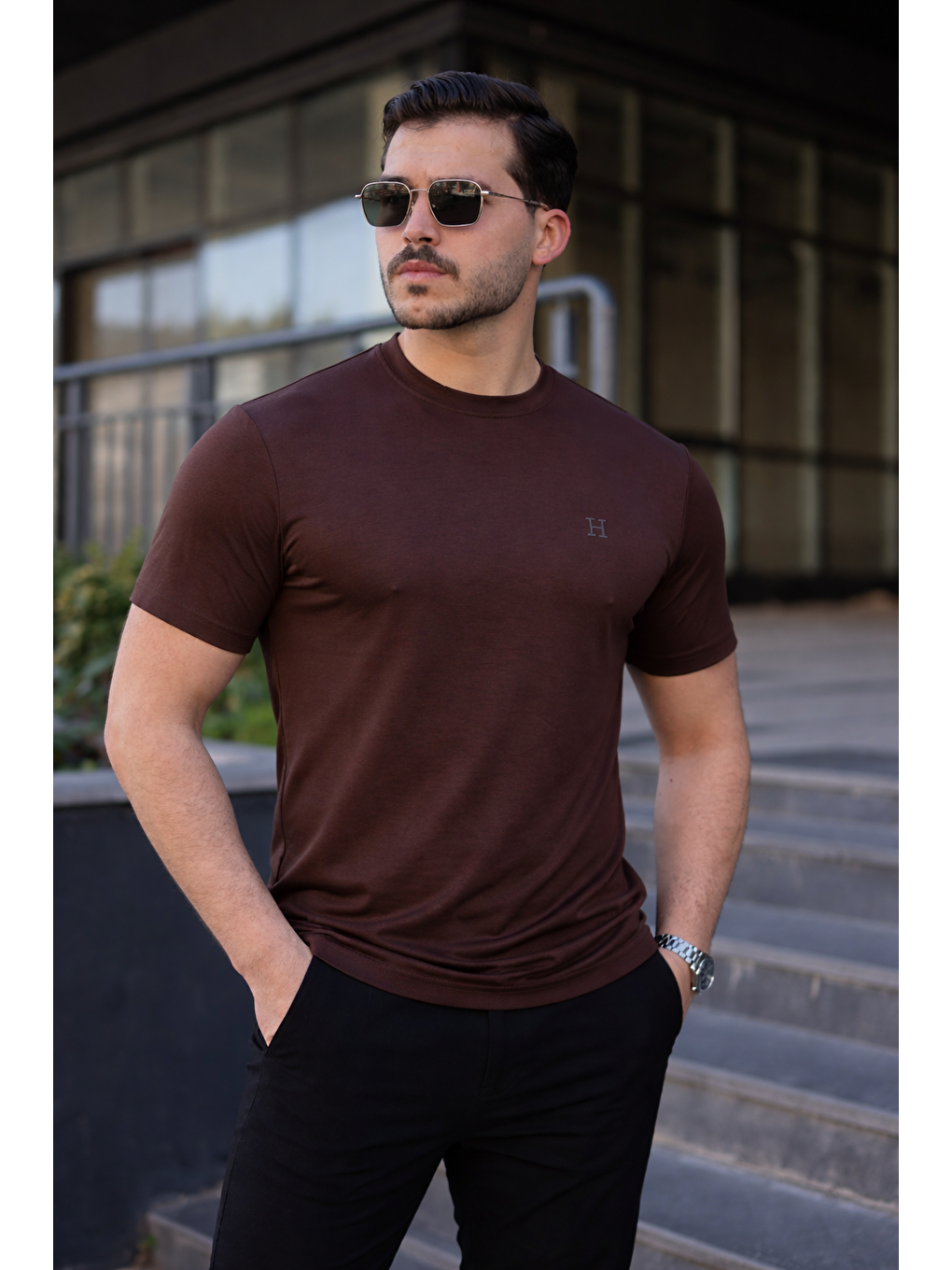Kahverengi Erkek Kısa Kol Yazlık Baskılı Kahve Dar Tişört-3