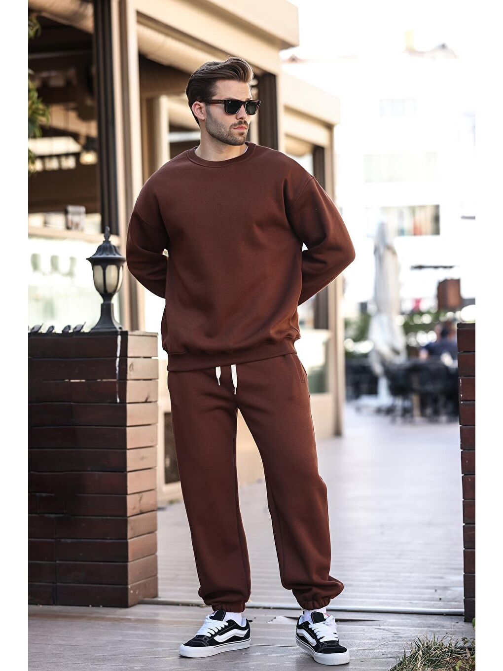 Acı Kahverengi Bisiklet Yaka Basic Eşofman Takımı E7329-1