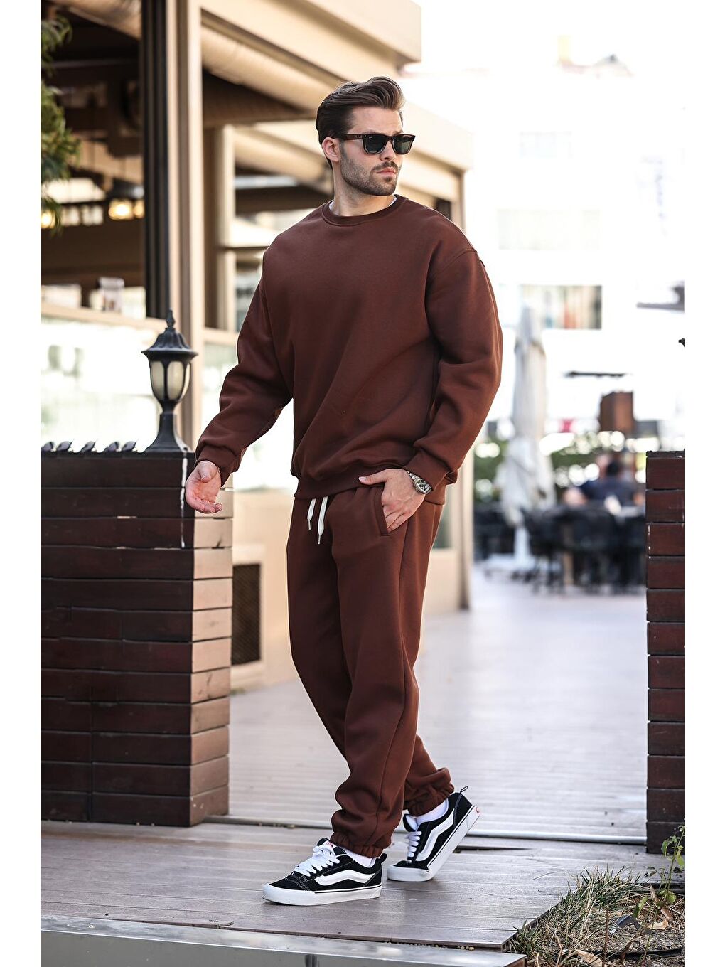 Acı Kahverengi Bisiklet Yaka Basic Eşofman Takımı E7329-2