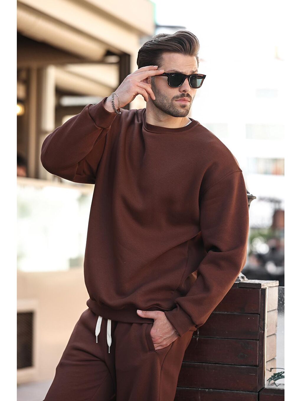 Acı Kahverengi Bisiklet Yaka Basic Eşofman Takımı E7329-3