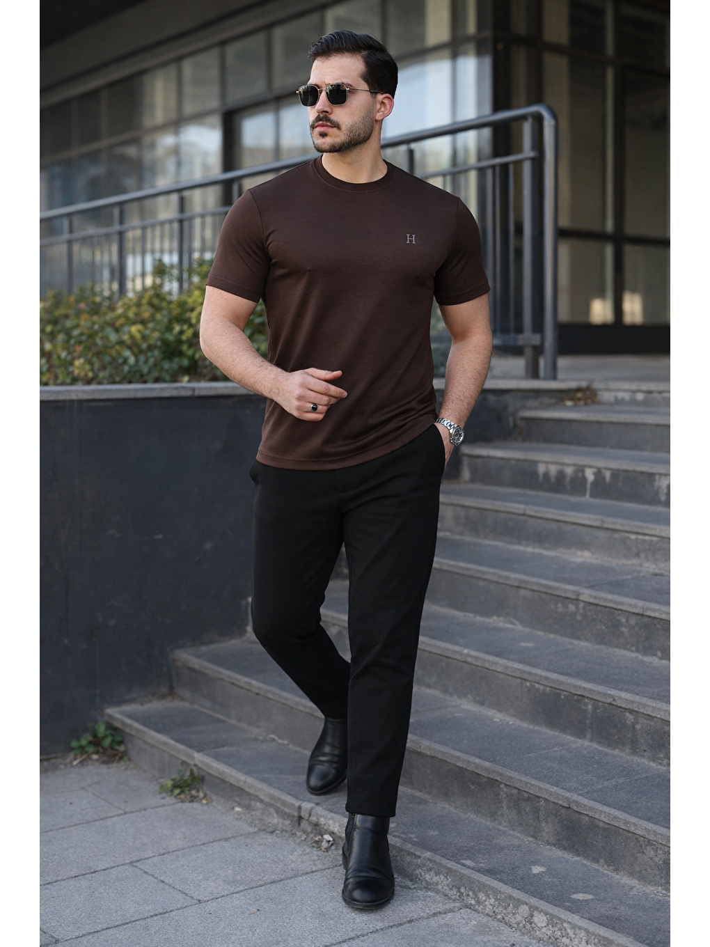 Kahverengi Erkek Kısa Kol Yazlık Baskılı Kahve Dar Tişört-4
