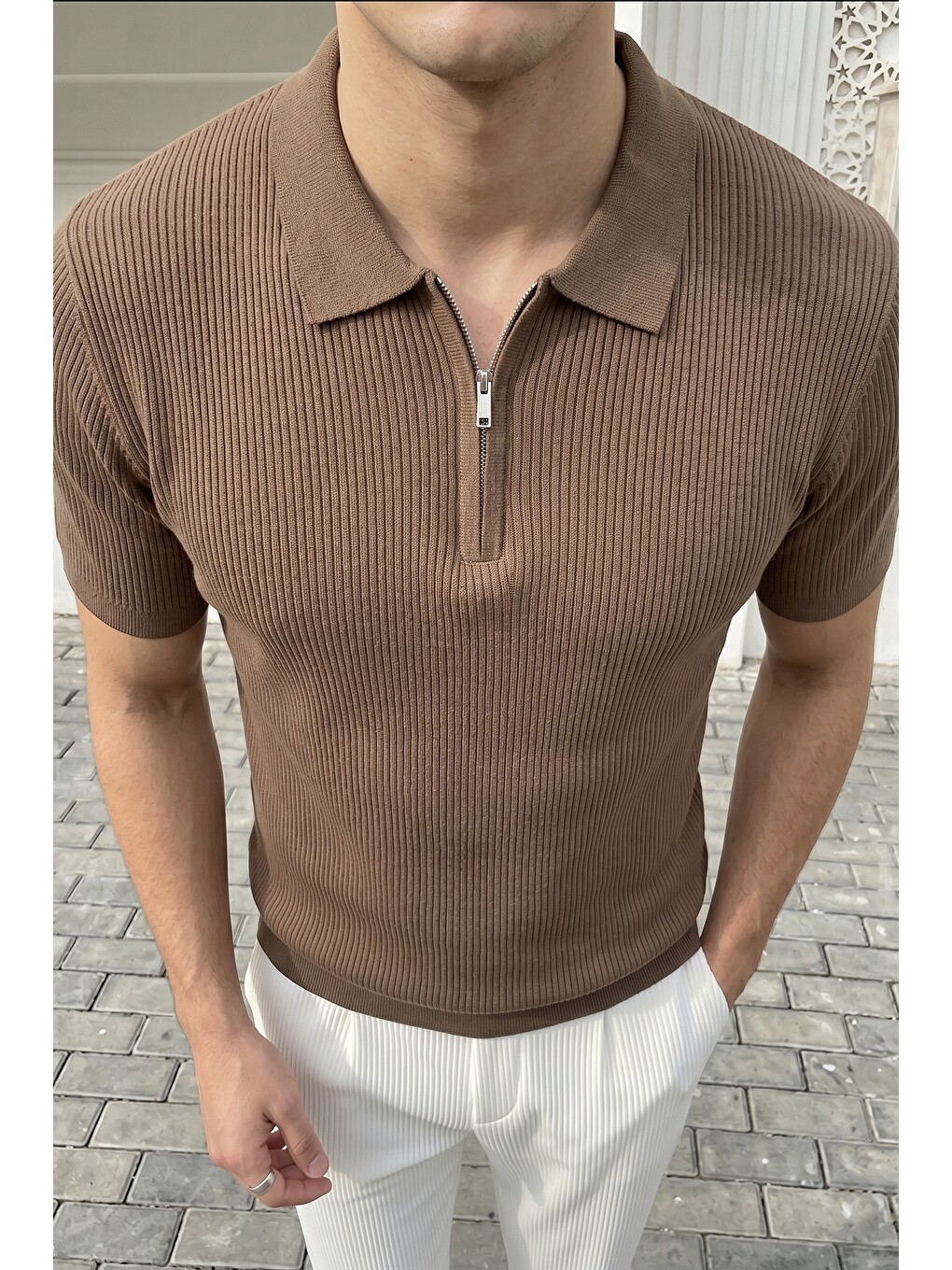 Bej Orin Premium Fitilli Triko Polo Yaka Yarım Fermuarlı Erkek Tişört-1