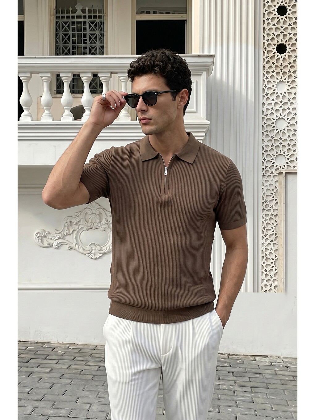 Bej Orin Premium Fitilli Triko Polo Yaka Yarım Fermuarlı Erkek Tişört-2