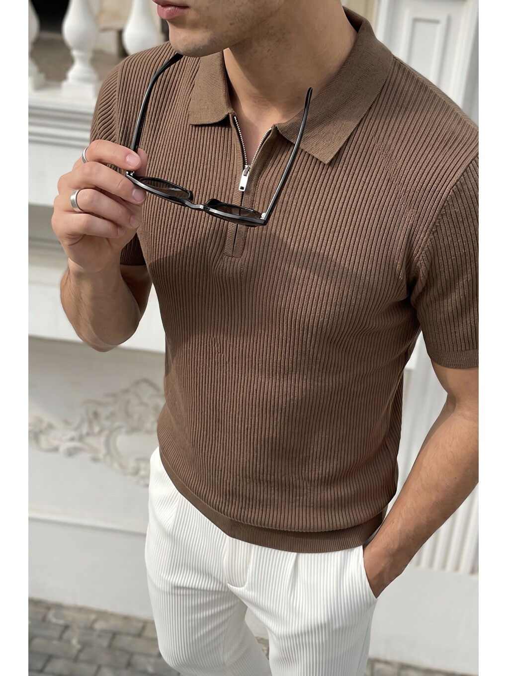Bej Orin Premium Fitilli Triko Polo Yaka Yarım Fermuarlı Erkek Tişört-3