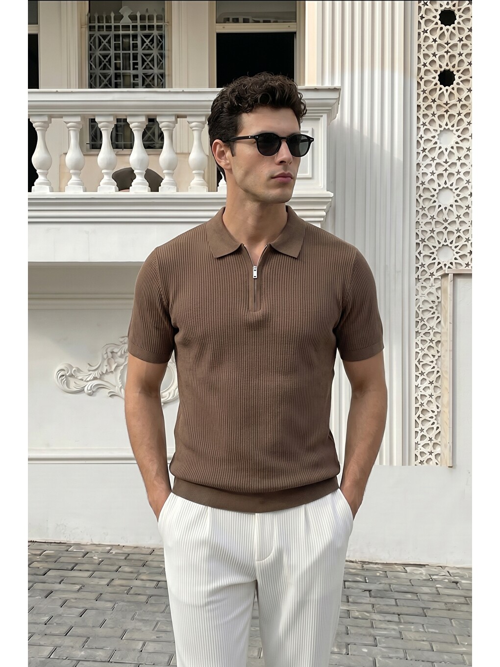 Bej Orin Premium Fitilli Triko Polo Yaka Yarım Fermuarlı Erkek Tişört-4