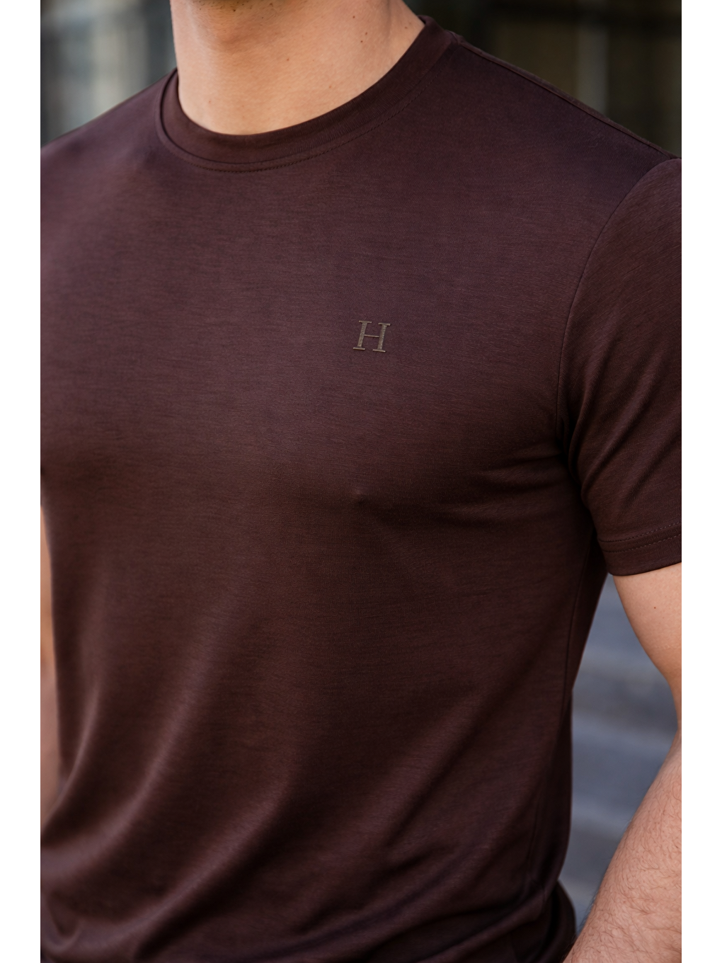 Kahverengi Erkek Kısa Kol Yazlık Baskılı Kahve Dar Tişört-5