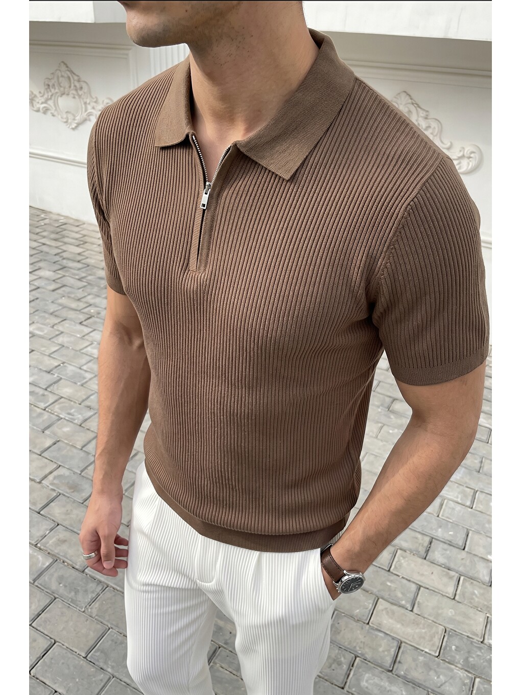 Bej Orin Premium Fitilli Triko Polo Yaka Yarım Fermuarlı Erkek Tişört-5