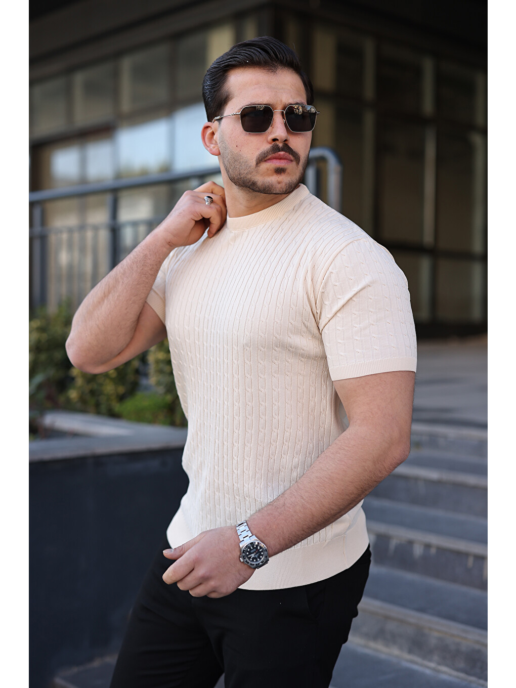 Ekru Erkek Premium Çizgili Yazlık Krem Dar Triko Tişört-1