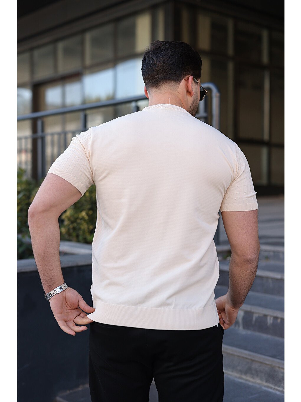 Ekru Erkek Premium Çizgili Yazlık Krem Dar Triko Tişört-2