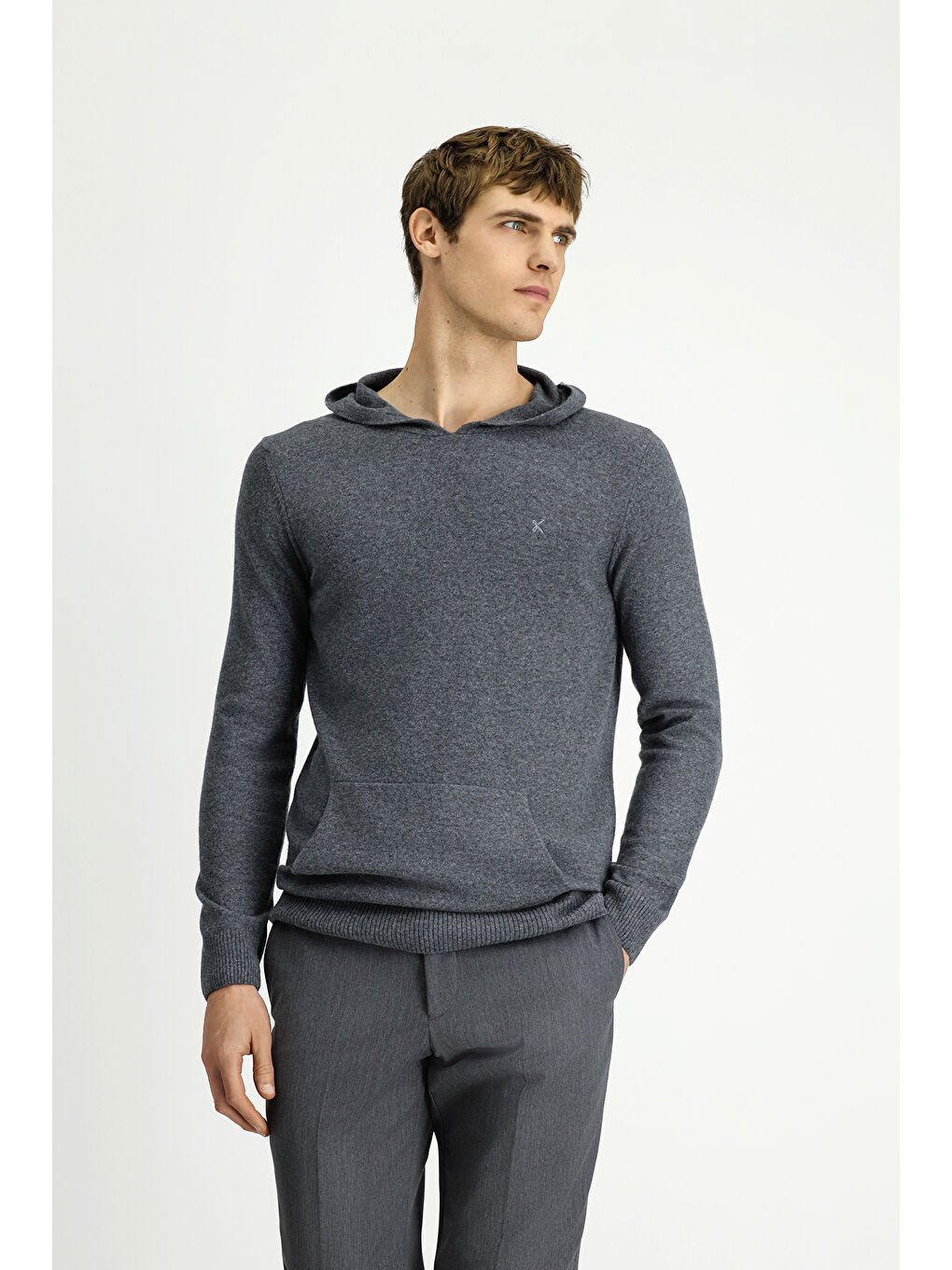 Gri Kapüşonlu Regular Fit Yünlü Triko Kazak