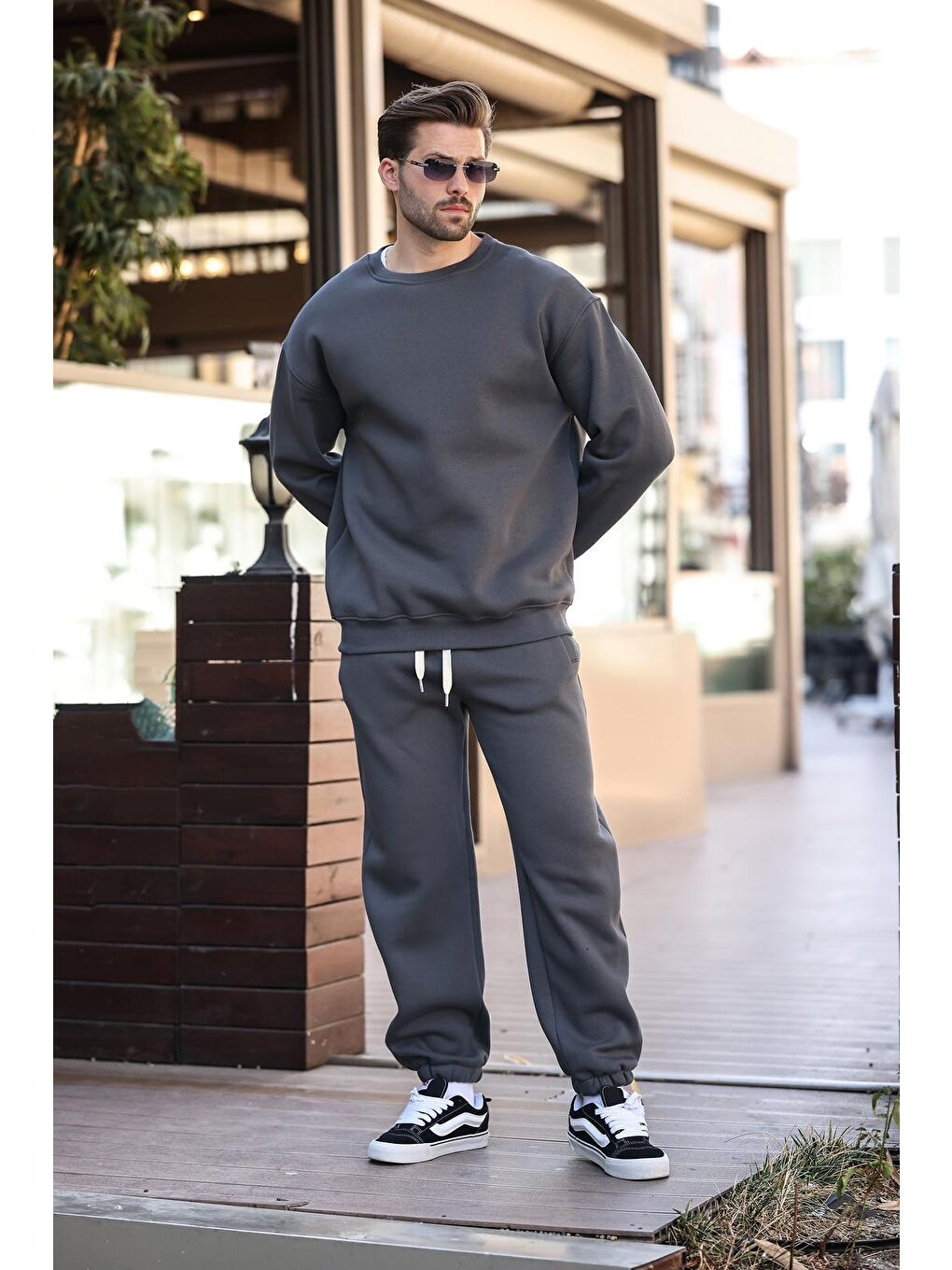 Gri Füme Bisiklet Yaka Basic Eşofman Takımı E7329