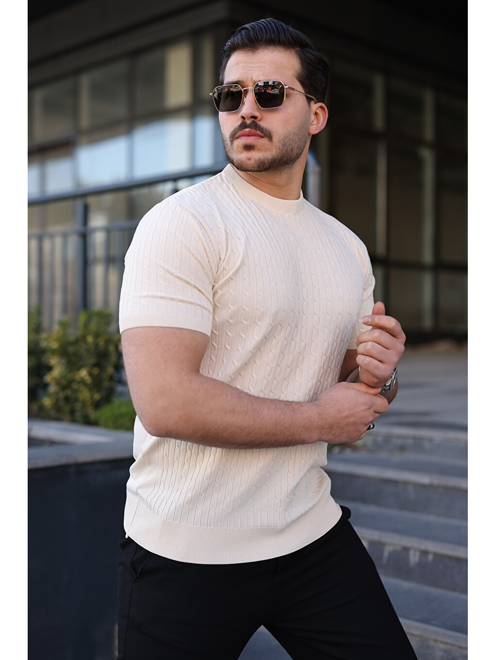 Ekru Erkek Premium Çizgili Yazlık Krem Dar Triko Tişört-3