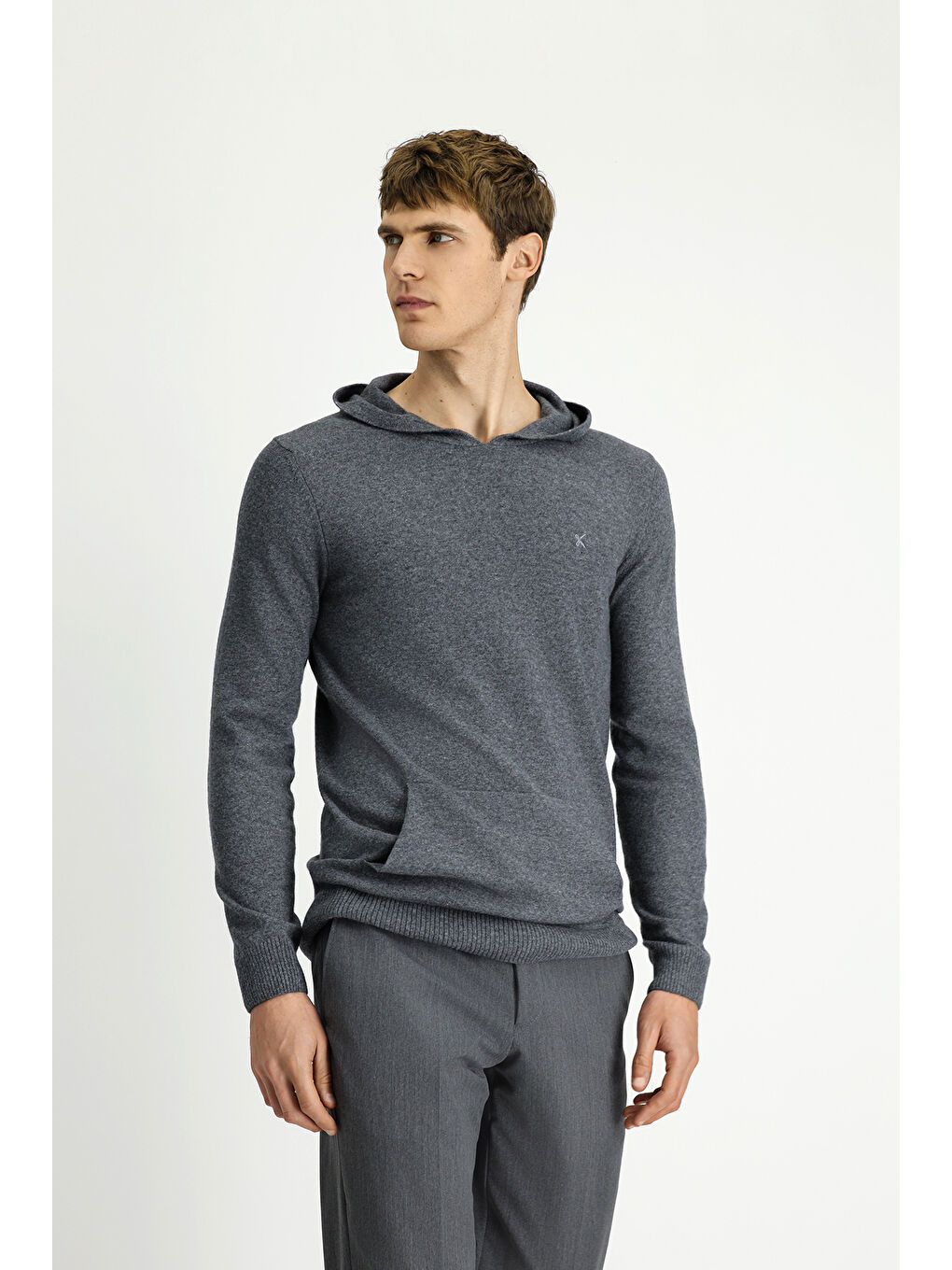 Gri Kapüşonlu Regular Fit Yünlü Triko Kazak-2