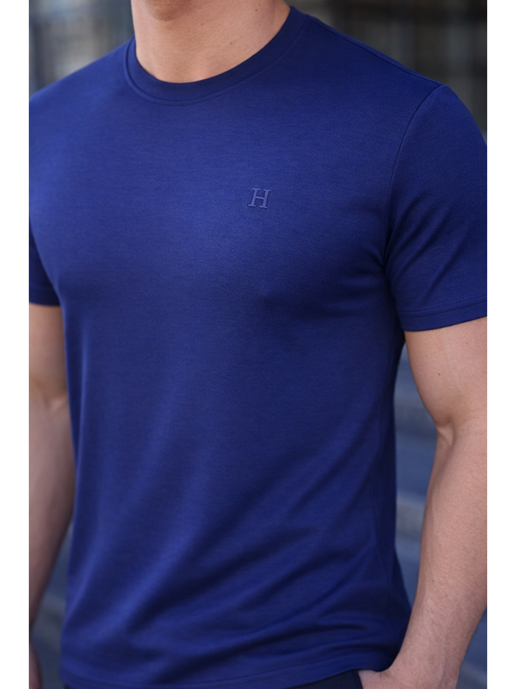Erkek Kısa Kol Yazlık Baskılı Lacivert Dar Tişört-3