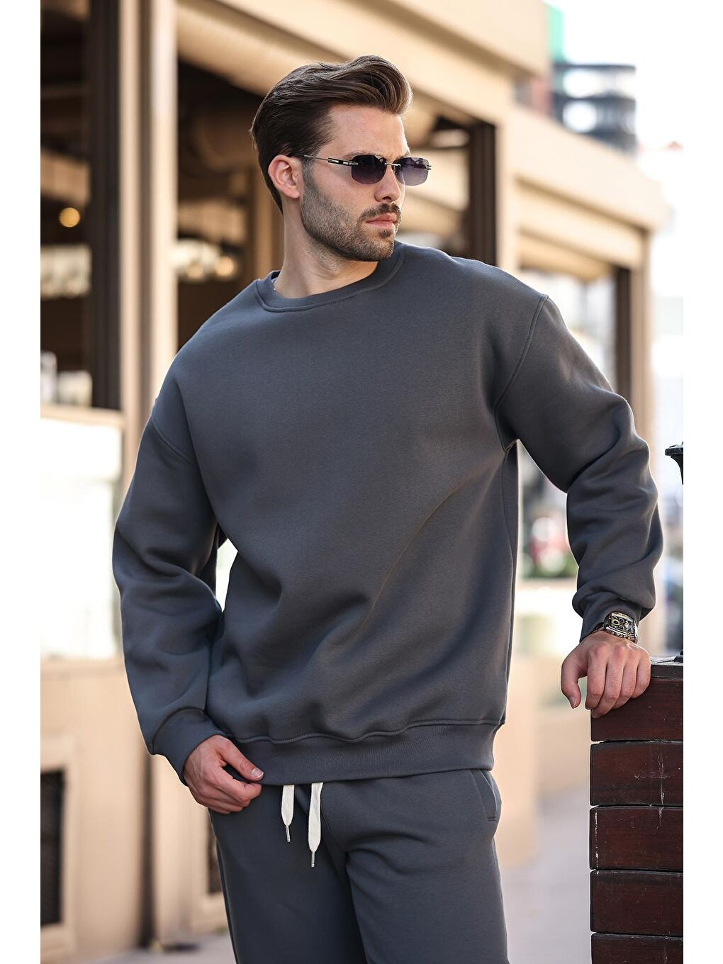 Gri Füme Bisiklet Yaka Basic Eşofman Takımı E7329-1