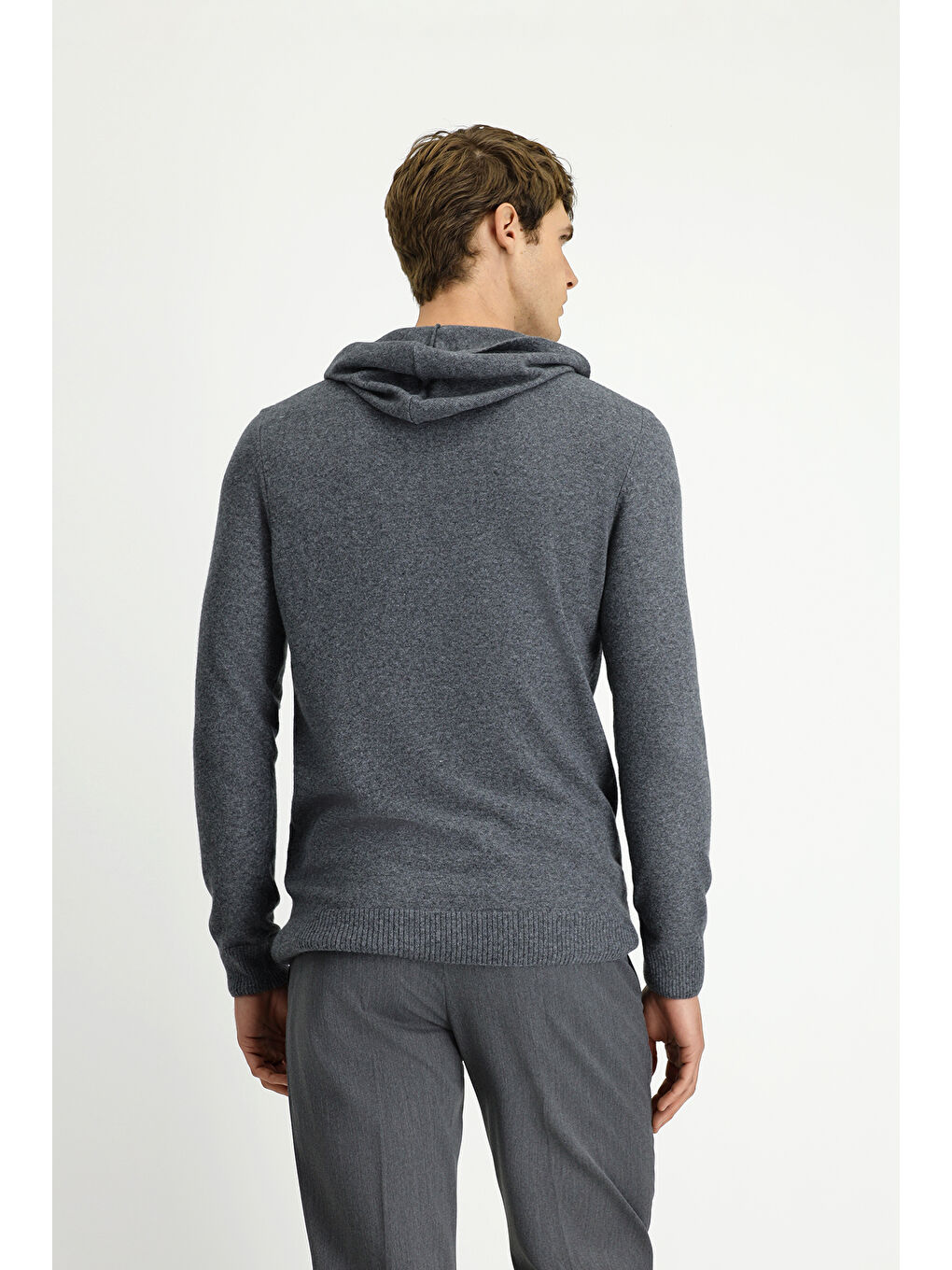 Gri Kapüşonlu Regular Fit Yünlü Triko Kazak-3