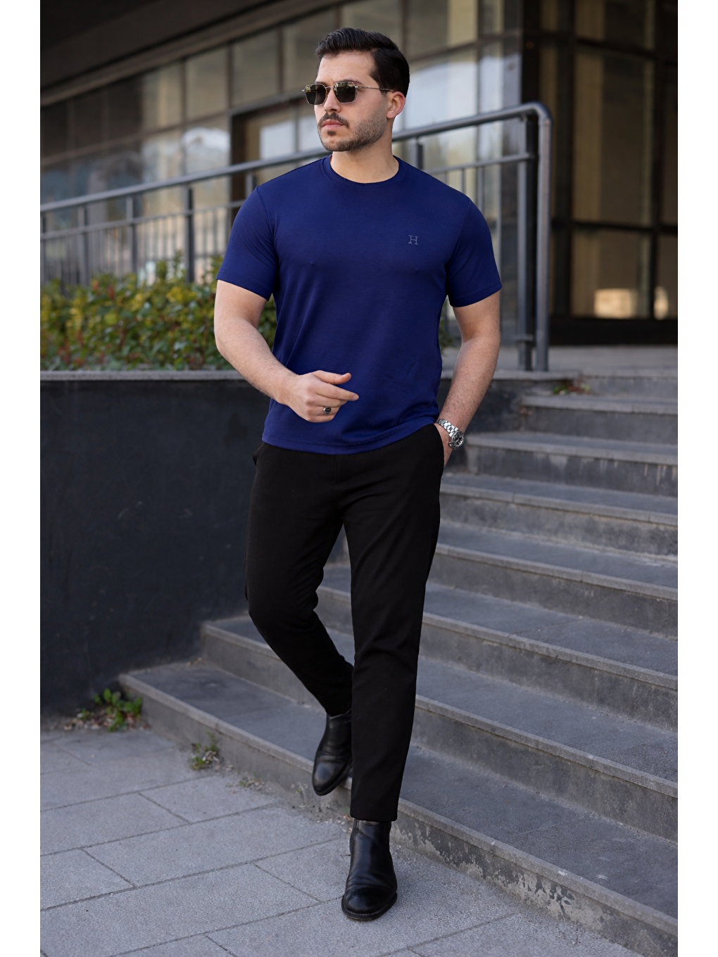 Erkek Kısa Kol Yazlık Baskılı Lacivert Dar Tişört-4