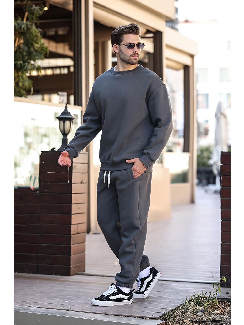 Gri Füme Bisiklet Yaka Basic Eşofman Takımı E7329-2