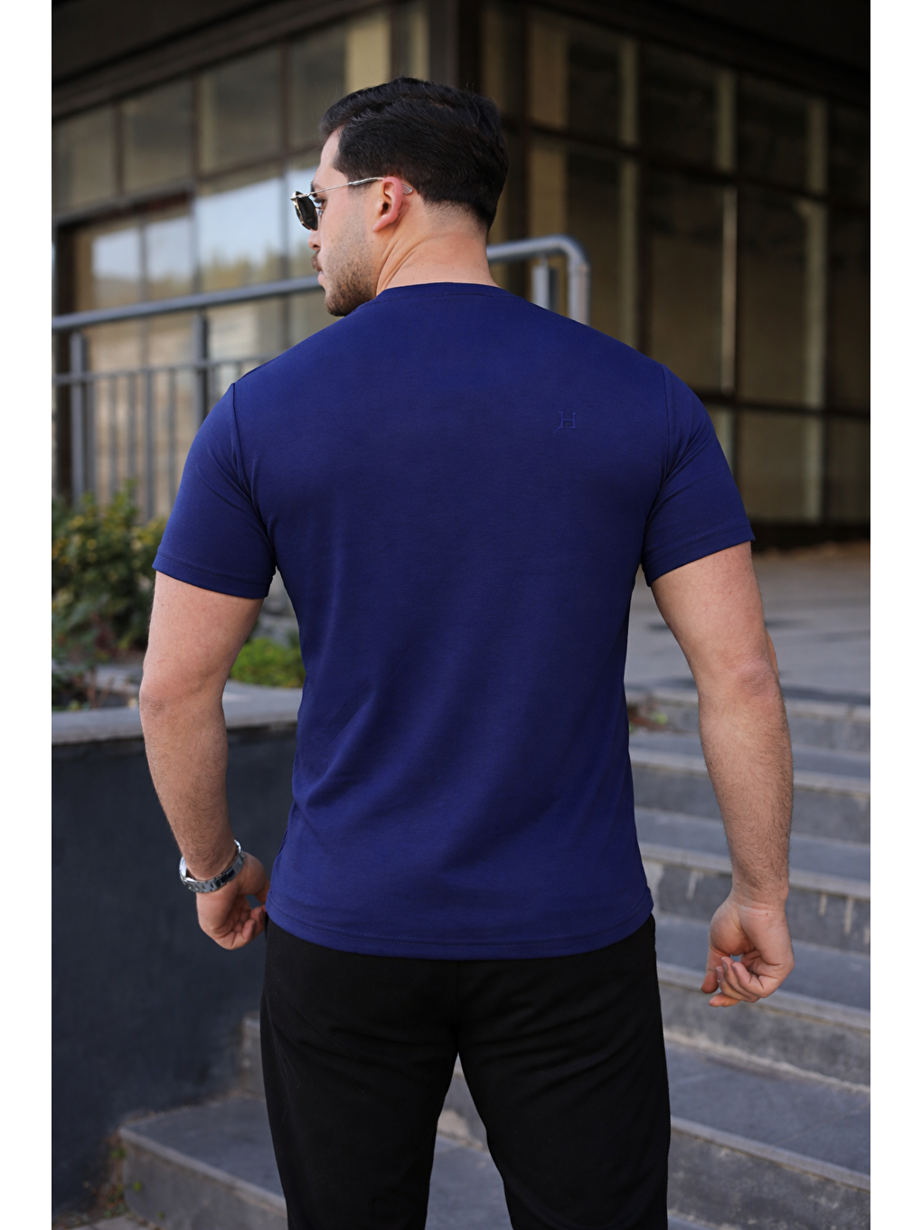 Erkek Kısa Kol Yazlık Baskılı Lacivert Dar Tişört-5