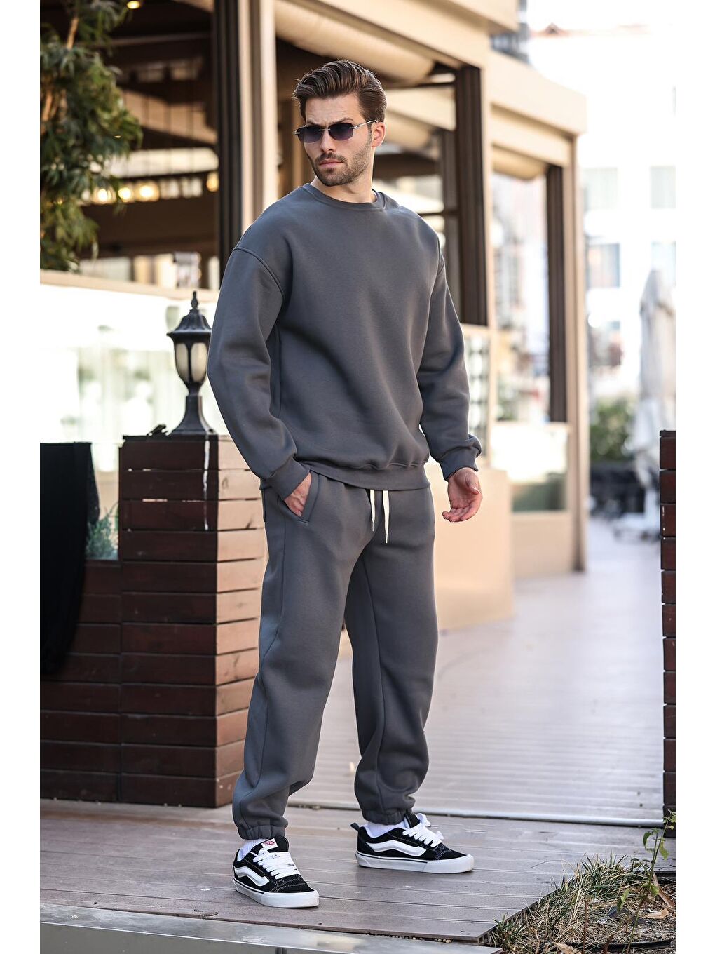 Gri Füme Bisiklet Yaka Basic Eşofman Takımı E7329-3