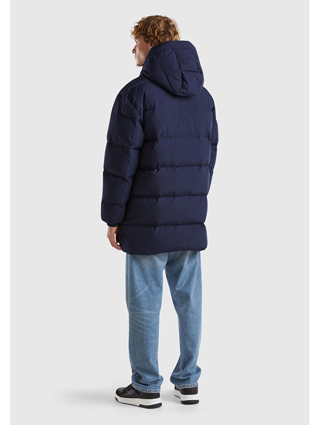 Erkek Lacivert Kaz Tüyü Dolgulu Yanları Cepli Gizli Fermuarlı Kapüşonlu Uzun Mont-1