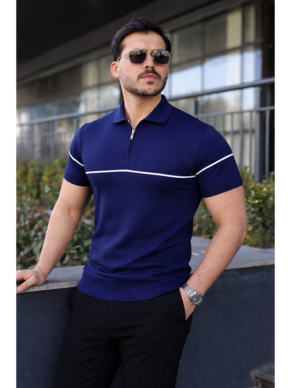 Erkek Günlük Çizgili Fermuarlı Triko Lacivert Polo Yaka Tişört-1