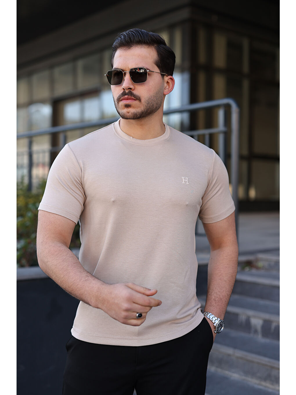 Ekru Erkek Kısa Kol Yazlık Baskılı Krem Dar Tişört