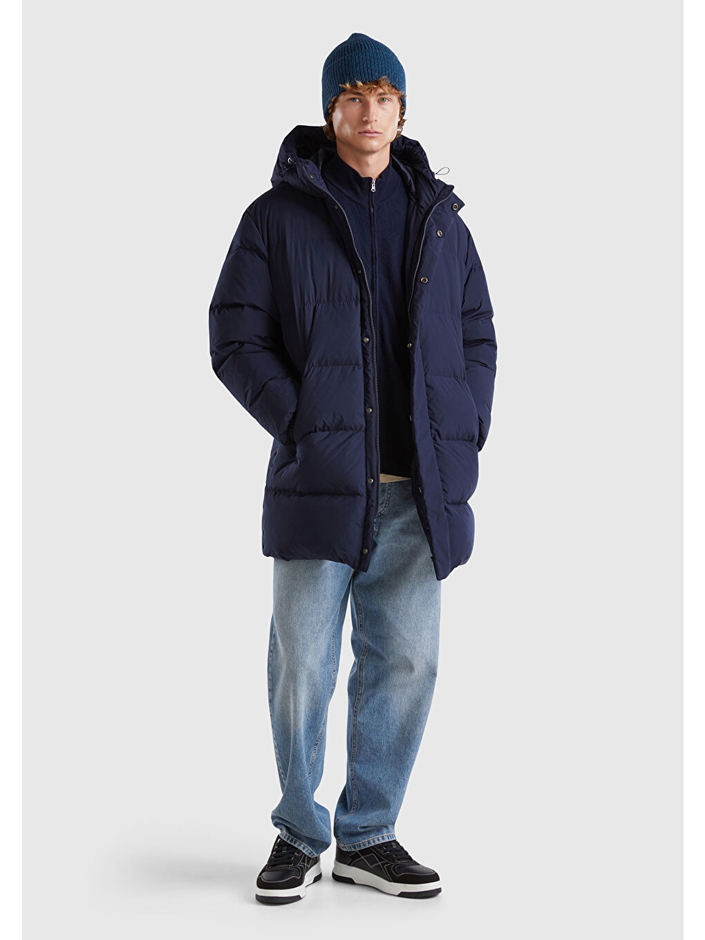 Erkek Lacivert Kaz Tüyü Dolgulu Yanları Cepli Gizli Fermuarlı Kapüşonlu Uzun Mont-2