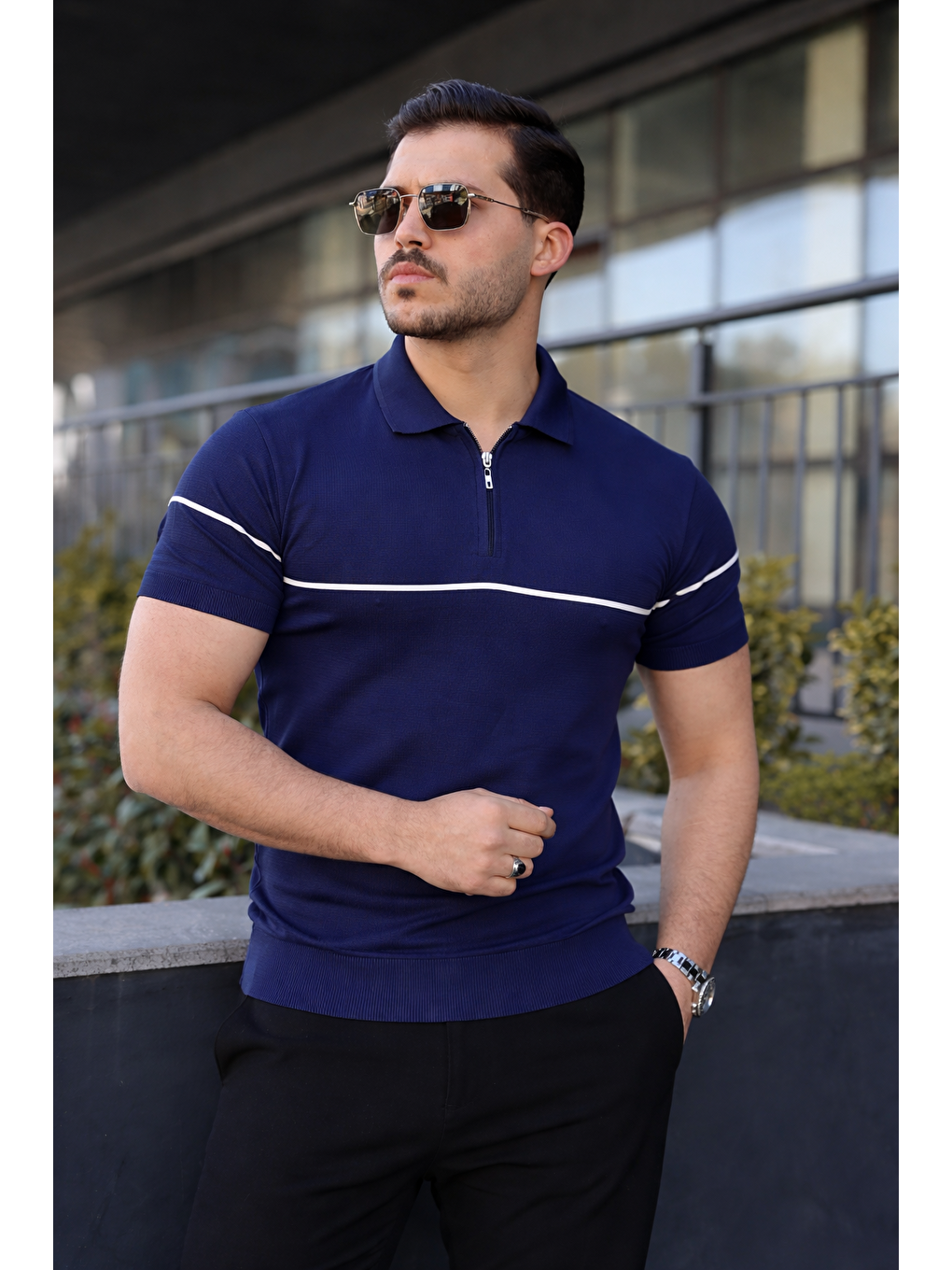 Erkek Günlük Çizgili Fermuarlı Triko Lacivert Polo Yaka Tişört-2