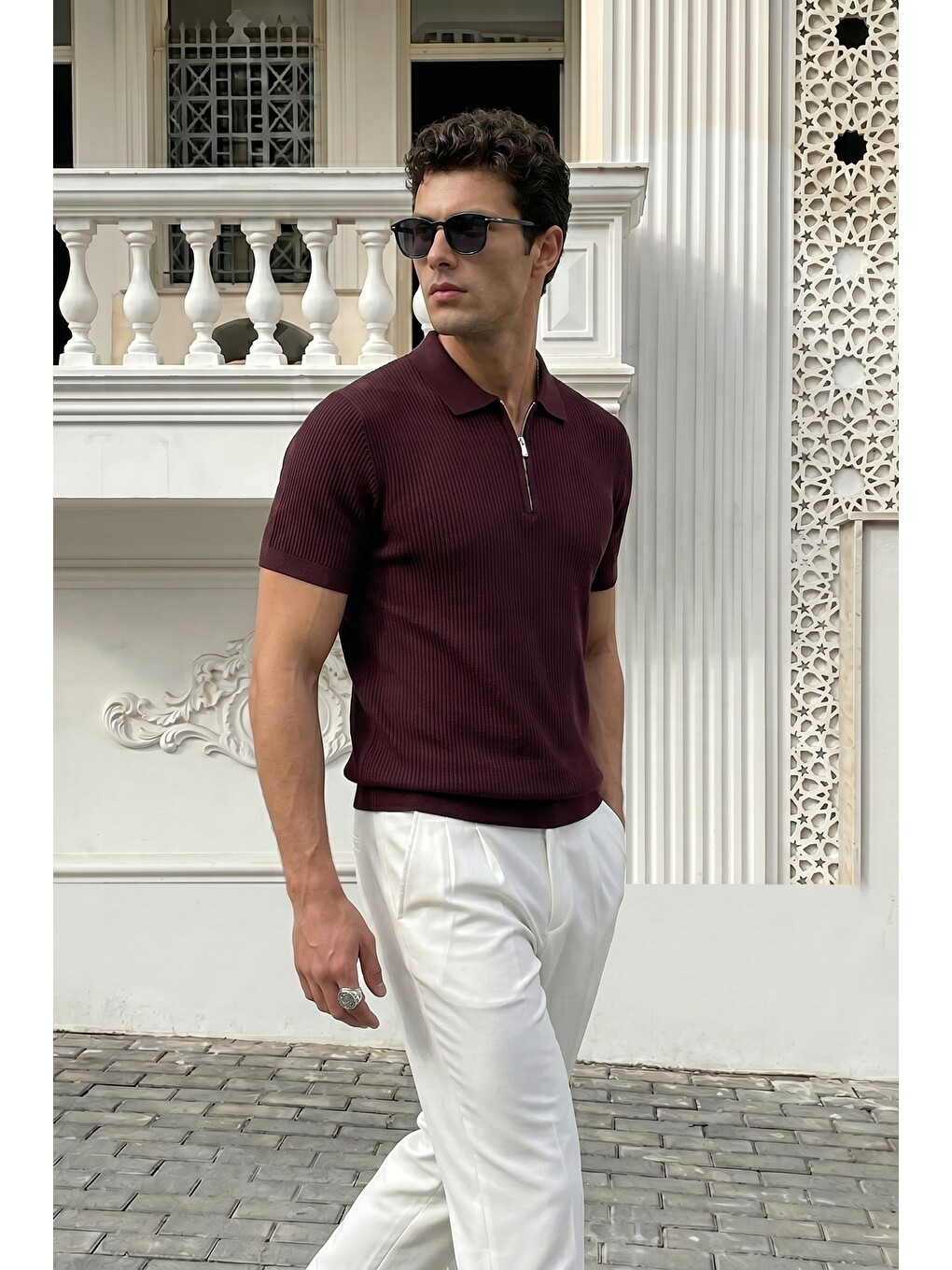 Bordo Orin Premium Fitilli Triko Polo Yaka Yarım Fermuarlı Erkek Tişört