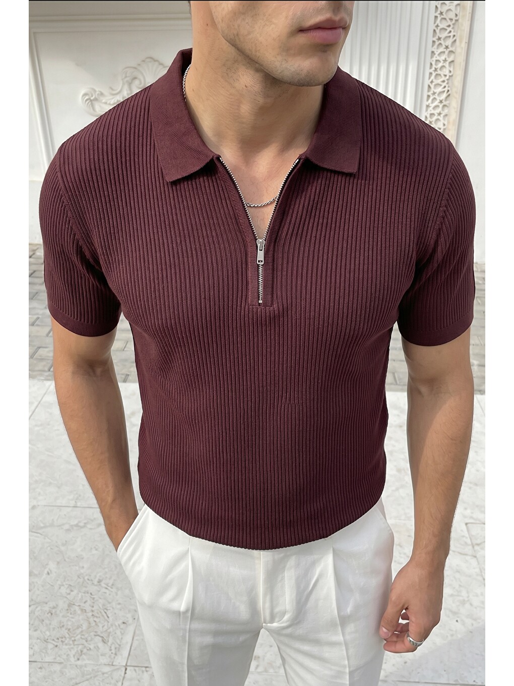 Bordo Orin Premium Fitilli Triko Polo Yaka Yarım Fermuarlı Erkek Tişört-1