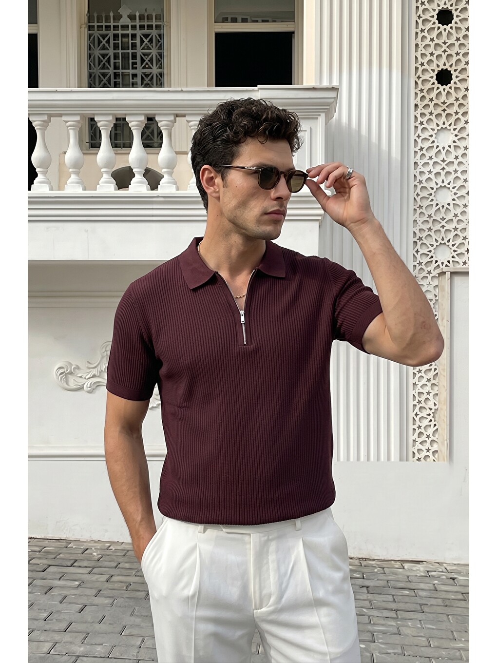Bordo Orin Premium Fitilli Triko Polo Yaka Yarım Fermuarlı Erkek Tişört-2