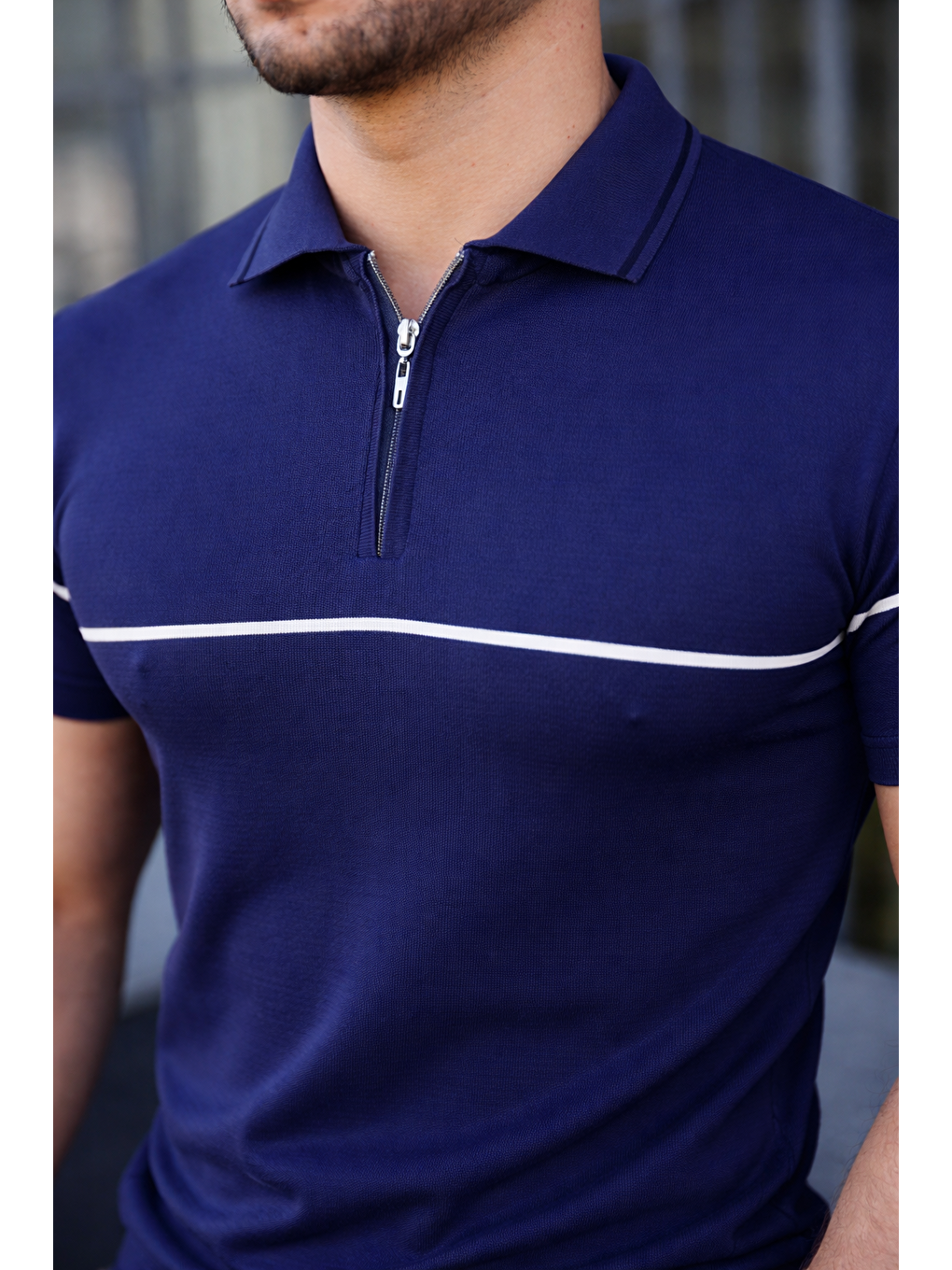 Erkek Günlük Çizgili Fermuarlı Triko Lacivert Polo Yaka Tişört-3